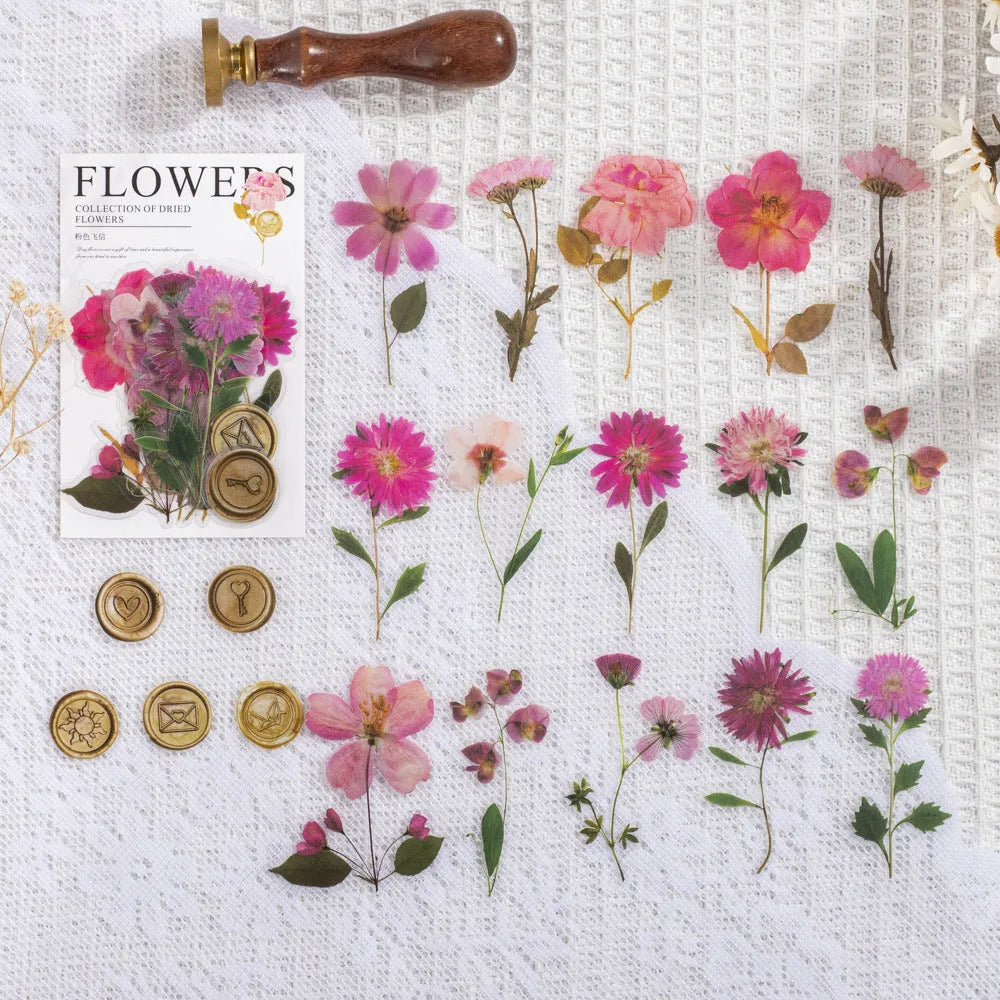 Set of dried flowers artistic stickers for journal decoration showing eight colour designs on 70mm PET sheets
