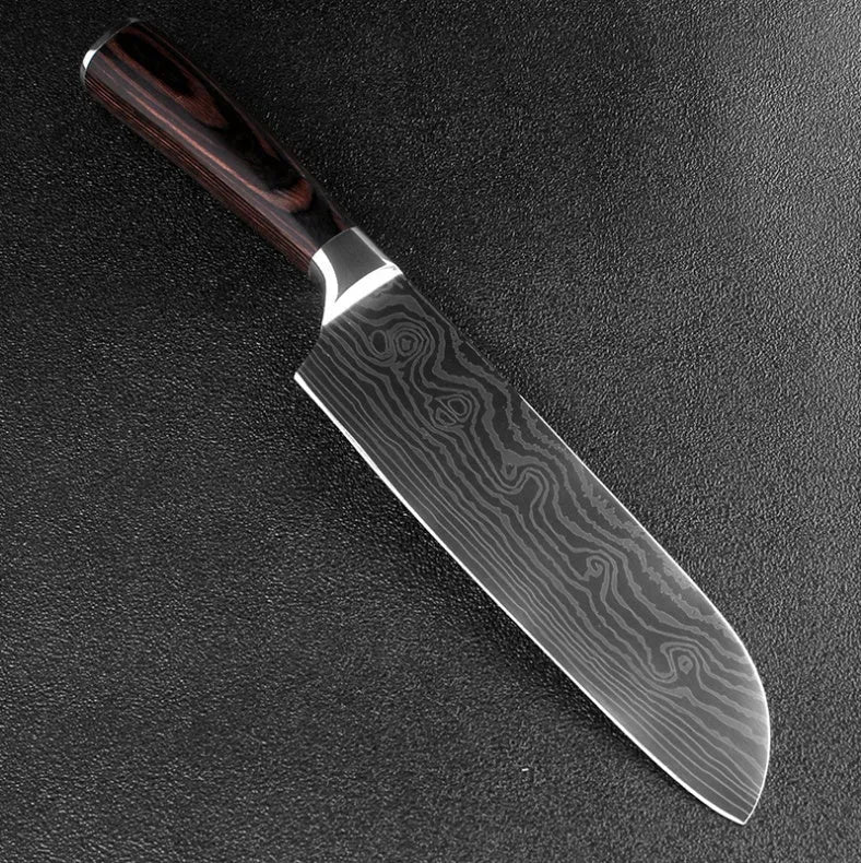 7Cr17 stainless steel kitchen knife with laser Damascus pattern blade and coloured wood handle