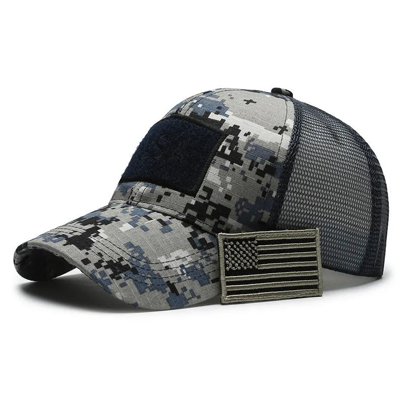 Adjustable Velcro tactical camouflage baseball cap with machine embroidery on cotton dome crown