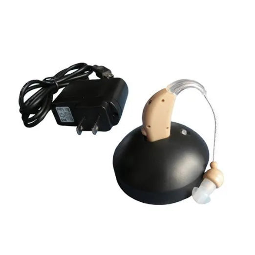 Rechargeable behind-the-ear digital hearing amplifier with mini sound tube and choice of EU or US plug.