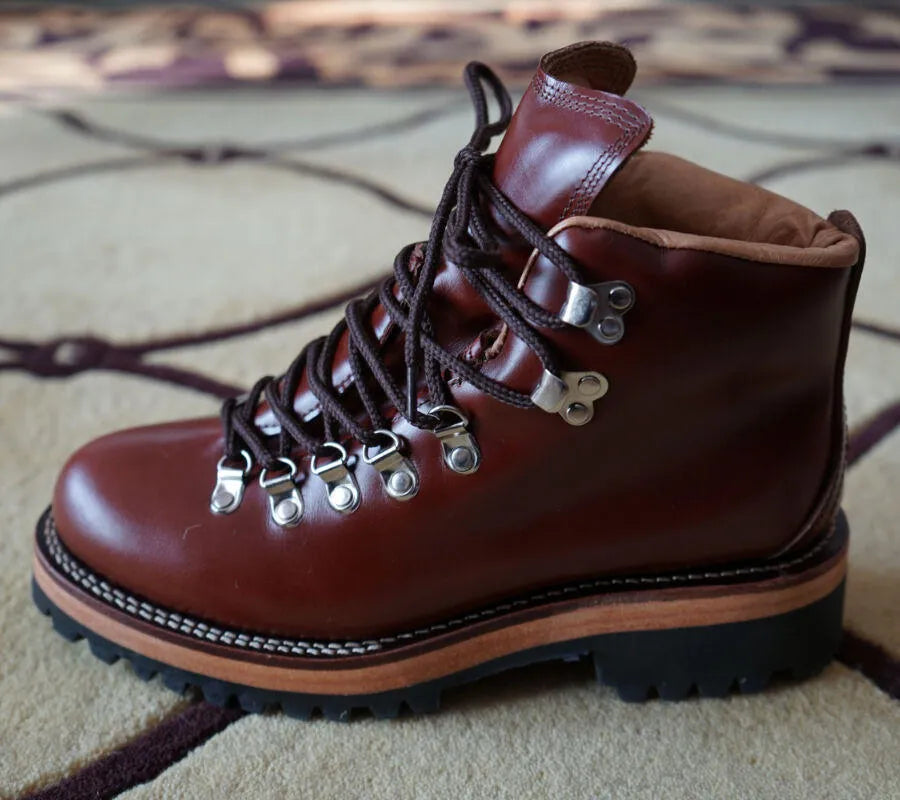 Men's brown leather lace-up city hiking boots with cowhide upper and worker boot style