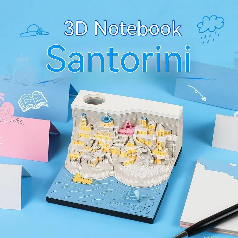 Santorini beach scene 3D paper carving notepad showing architectural model details