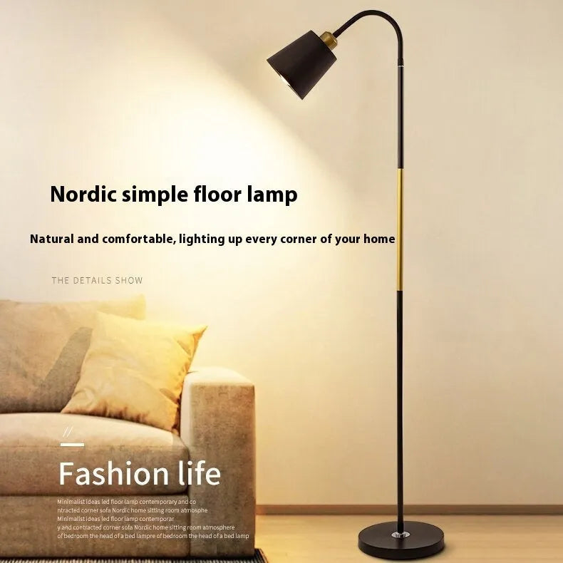 Nordic style black and gold floor lamp with eye-protection LED light next to a sofa.