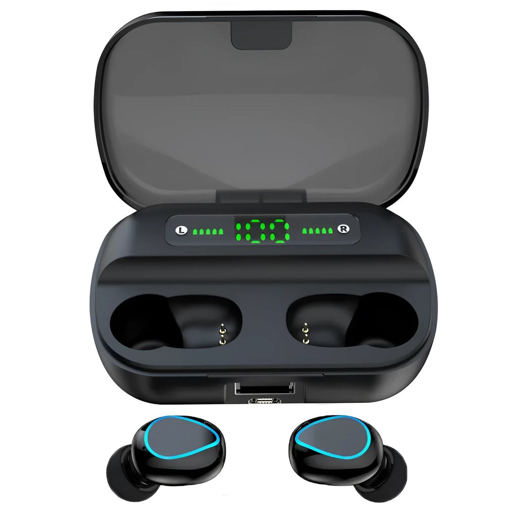 Black wireless Bluetooth 5.0 headset with earplug design for stereo sound and voice control
