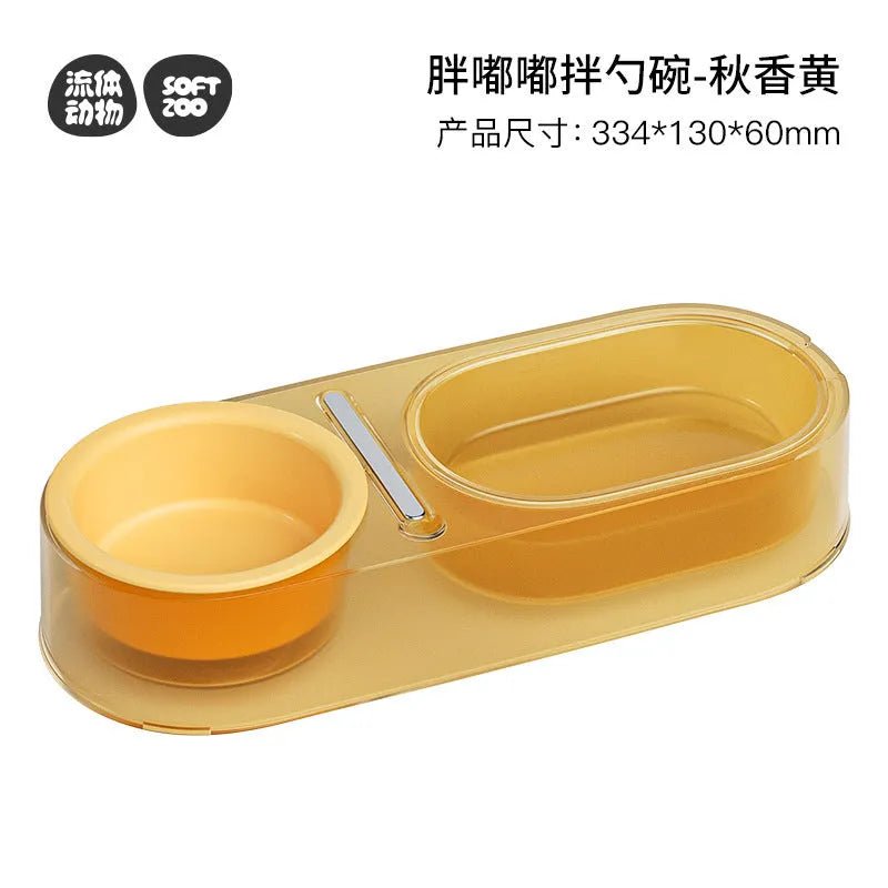 Cat feeding bowl in mixed spoon design, made from PC, stainless steel, and ceramic, available in Mint Green, Taro Purple, and Yellow