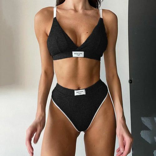 Women's bikini underwear set with contrast binding and letters embroidery in grey, black or white colour options