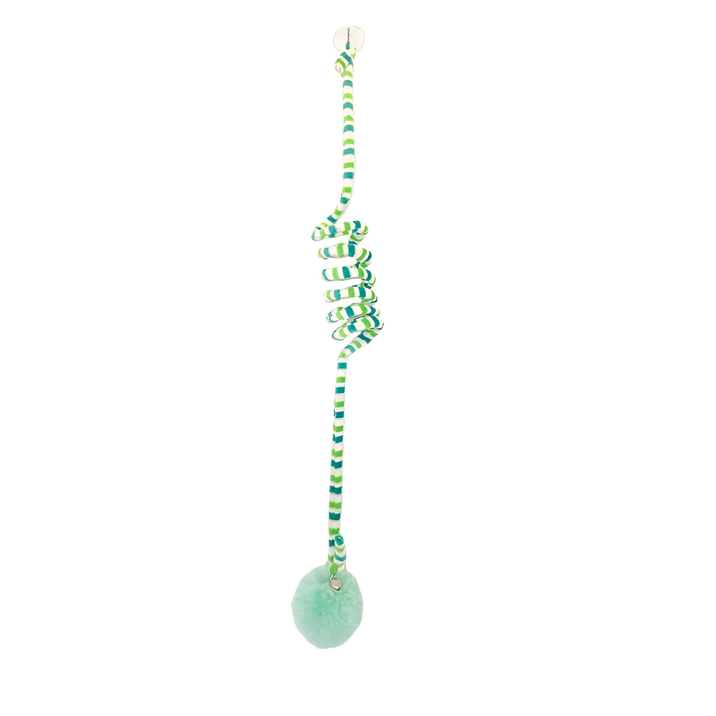 Colourful spring-mounted cat toy with an inflatable ball and bell, shown with a suction cup for hanging.
