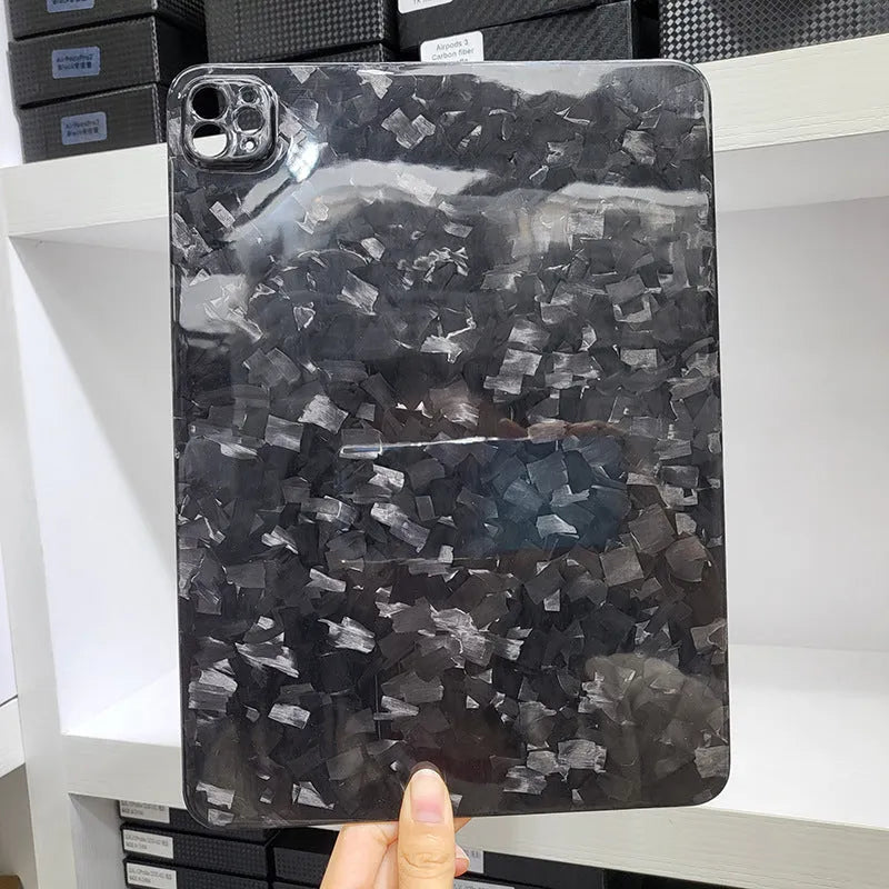 Carbon fibre flat protective cover for iPad Pro 11 inch in a plaid design with embossing.