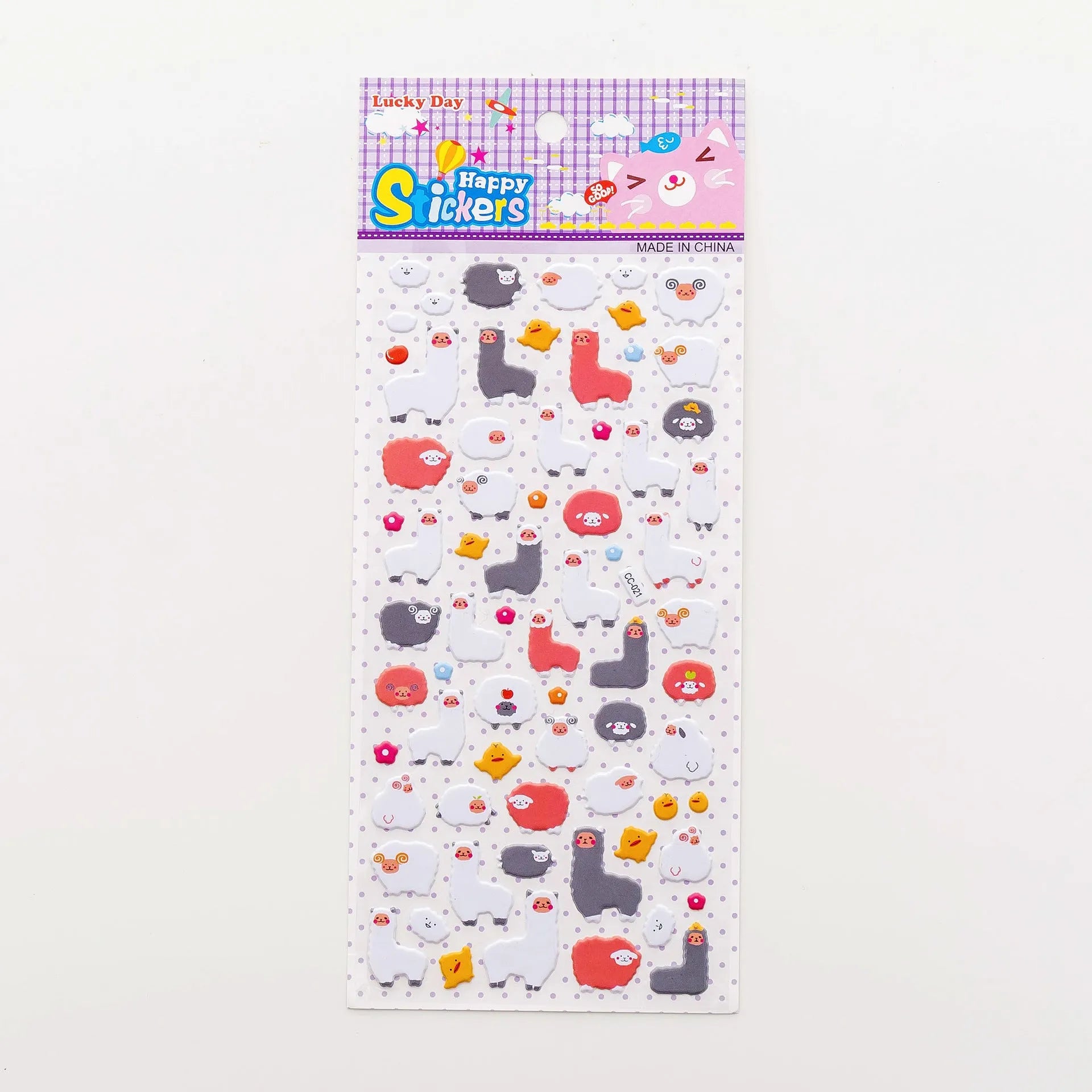 Cartoon three-dimensional bubble stickers sheet showing alpaca, forest animals, and dinosaur designs for hand account decoration