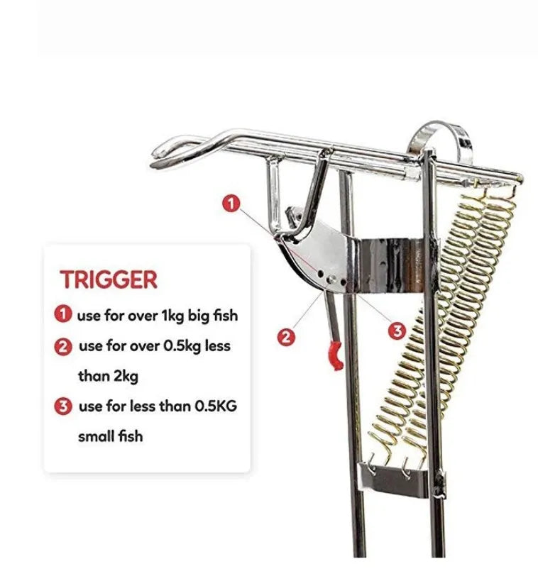 Master Fish Detector automatic rod holder with high-strength hard steel frame and bearing trigger mechanism on fishing bank