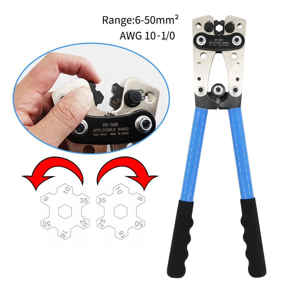 HX-50B high carbon steel crimping pliers with vinyl handles and integrated cable cutter.
