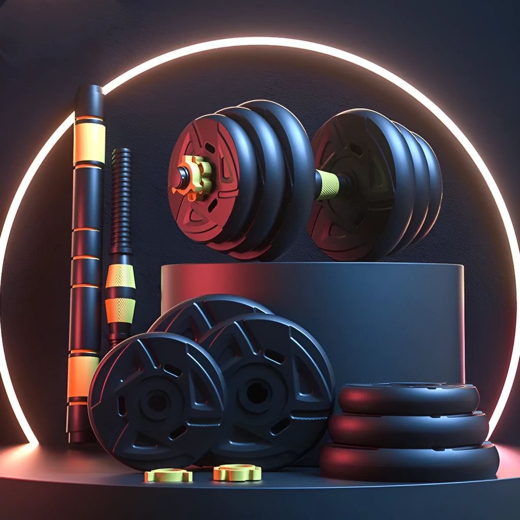 Rubber-coated dumbbell set with foam grip handle and double safety nut on wooden floor