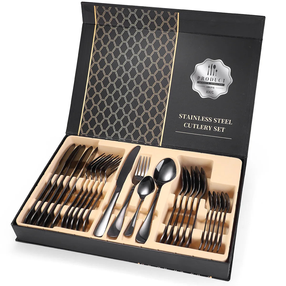 24 piece 18/10 stainless steel cutlery set with knife fork and spoon in black finish
