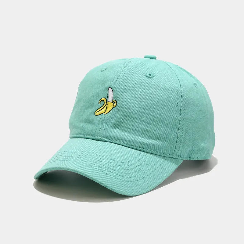 Curved dome crown baseball cap with embroidered banana fruit design in multiple colours