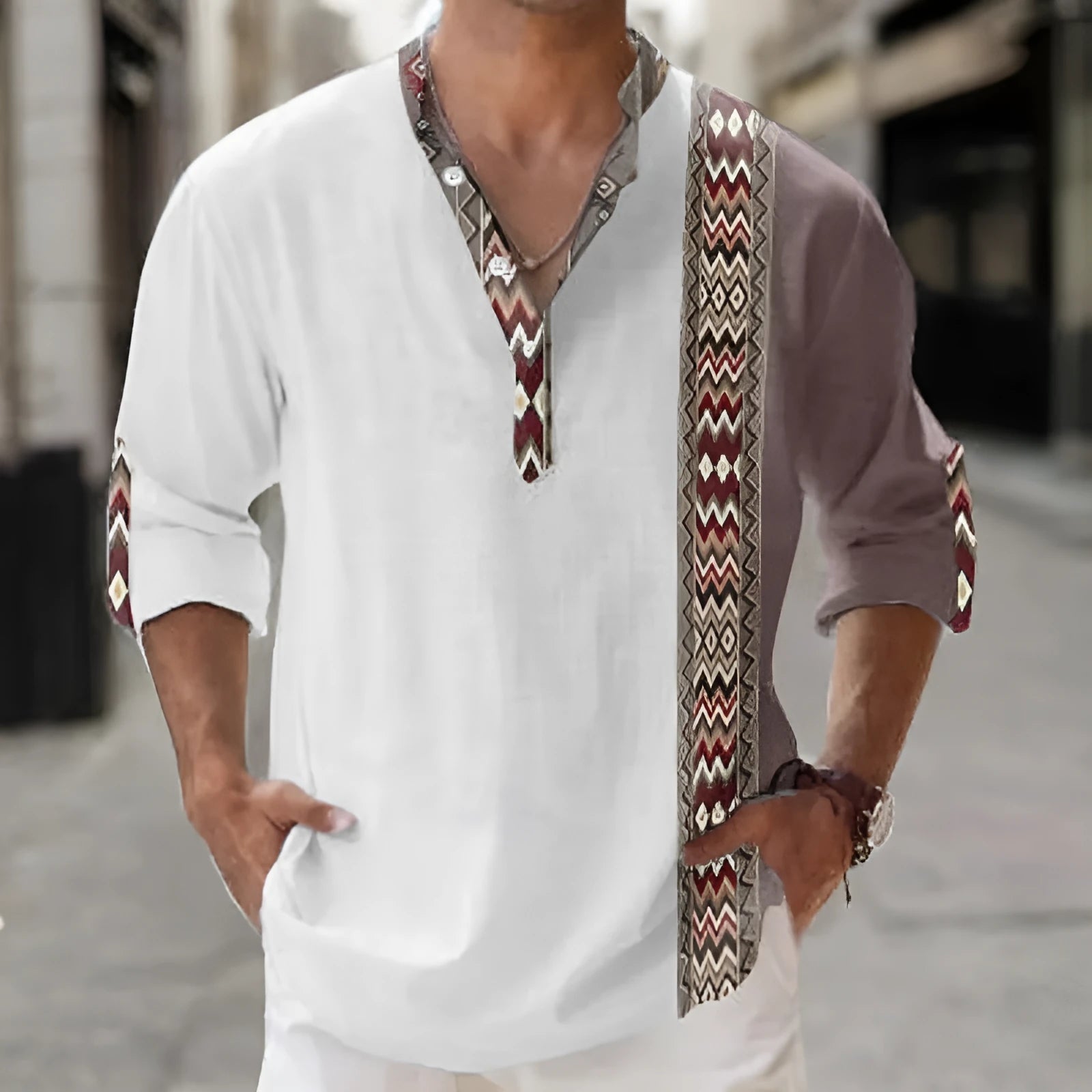 Men's thin digital bamboo linen Hawaiian shirt with stripe pattern in cardigan style