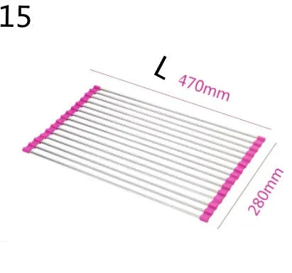 Stainless steel folding kitchen sink drain rack shown in a choice of colours