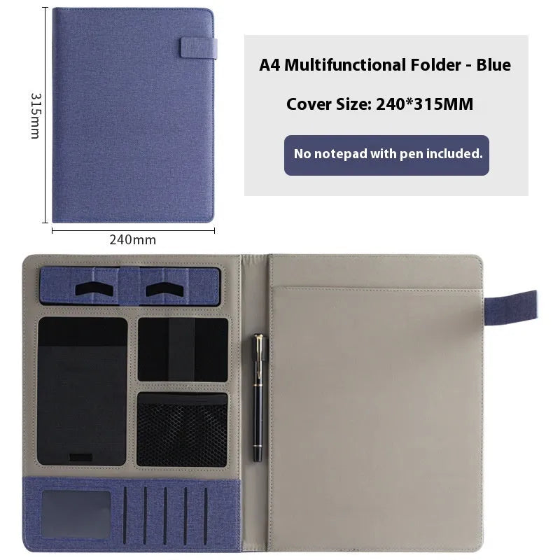 Leather A4 business folder in black, open to show 35mm thick plate and space for documents