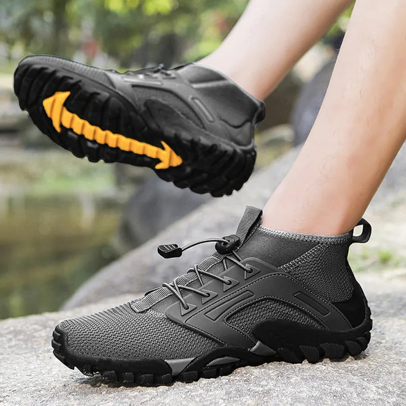 Men's non-slip hiking shoes with fly woven upper and rubber sole, mid-top style in black