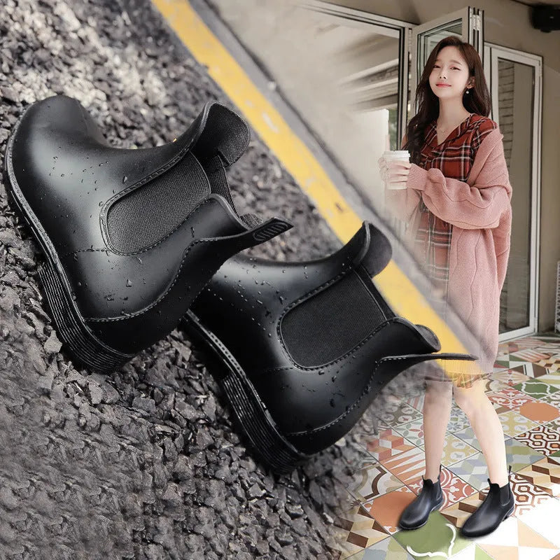 Women's PVC rain boots in black, Martin style with low tube and low heel design