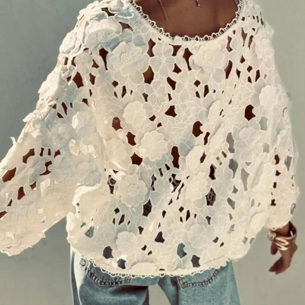 Women's polyester lace cardigan with three-dimensional floral decoration in white colour