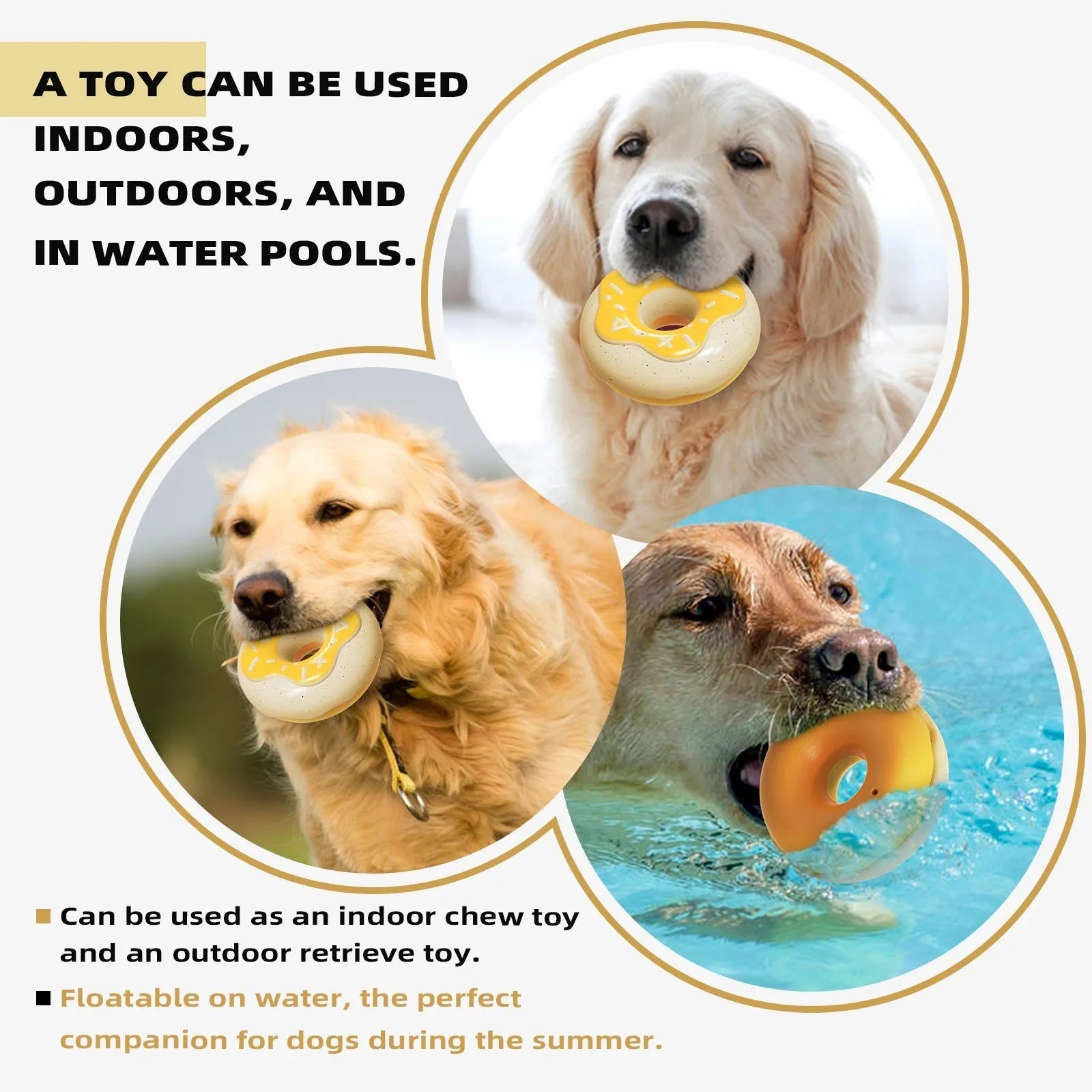 Pink, yellow, and chocolate coloured TPR donut dog toy with textured surface for teeth cleaning.