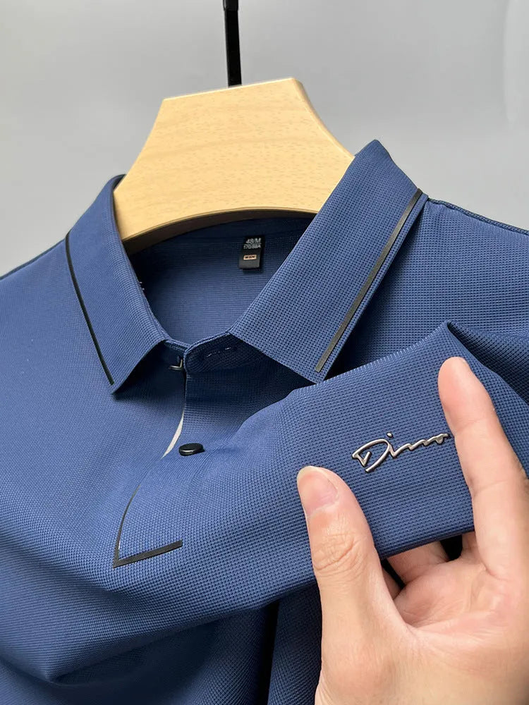 Men's ice silk short sleeve shirt collar summer polo shirt, loose fit, solid colour, nylon fabric, casual top