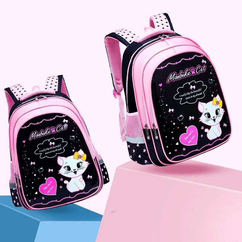 Kids school cute cat print nylon backpack with load-reducing design and computer pocket in pink and black colourway.