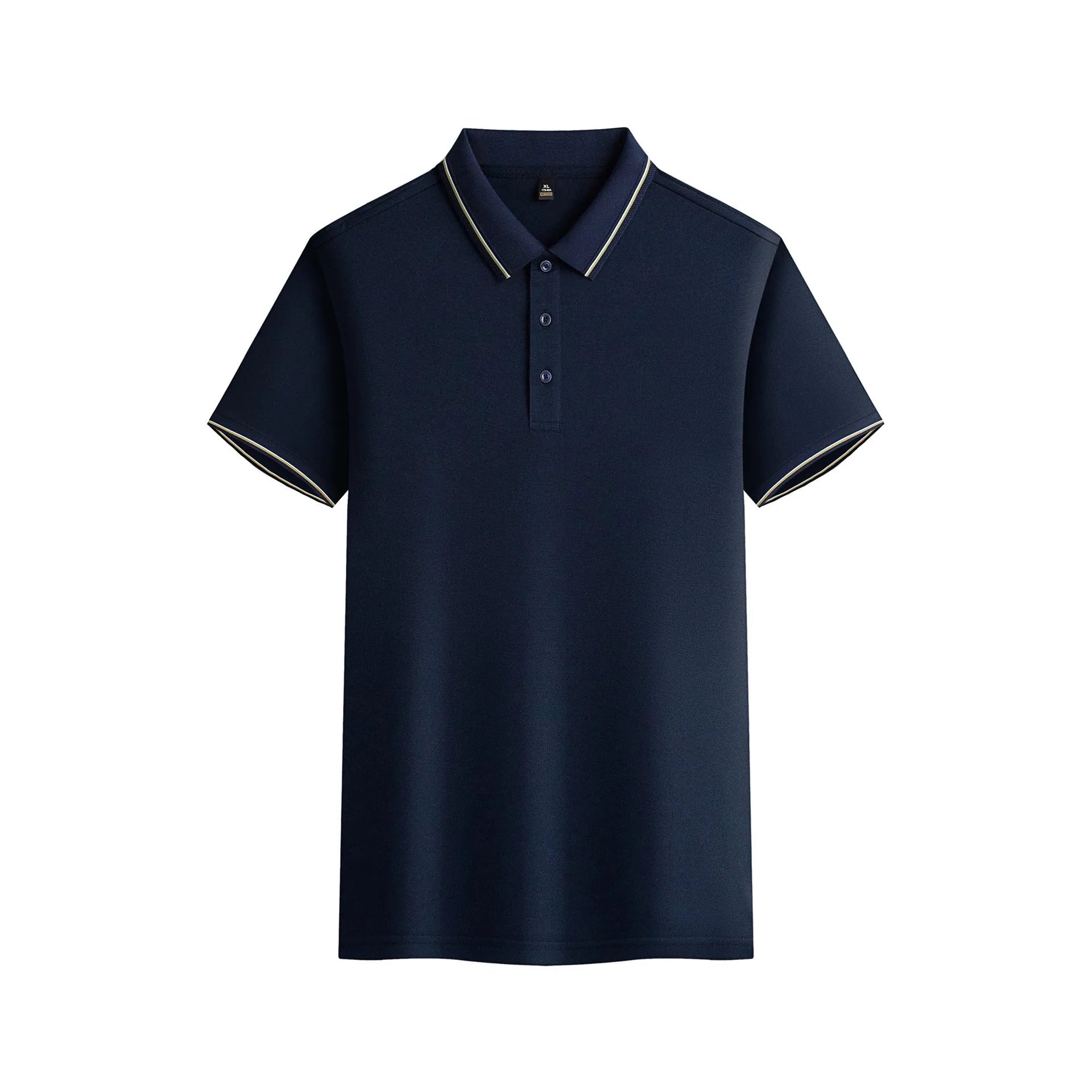 Men's navy blue short-sleeved polo shirt made from quick-drying polyester fabric for summer.