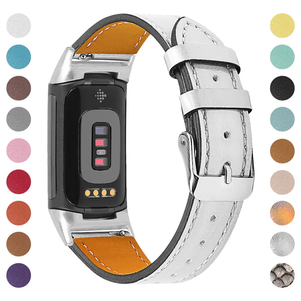 Genuine cowhide leather replacement strap for Fitbit Charge 5 and Charge 6 smartwatches in various colours.