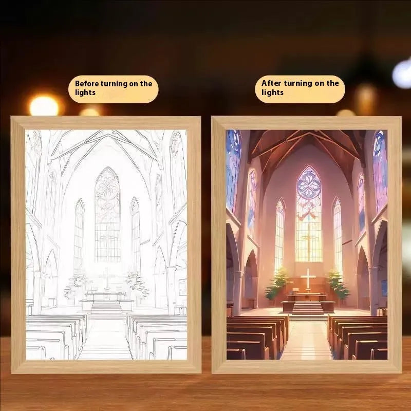 Handmade rectangular LED light painting photo frame showing a spiritual cross design, with USB cable.