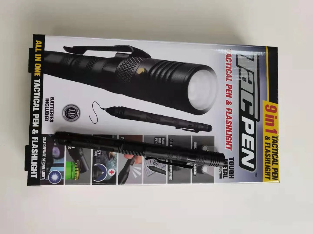 Nine-in-one multi-function flashlight survival pen in black with car window breaker feature