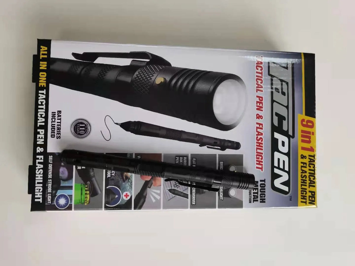 Nine-in-one multi-function flashlight survival pen in black with car window breaker feature