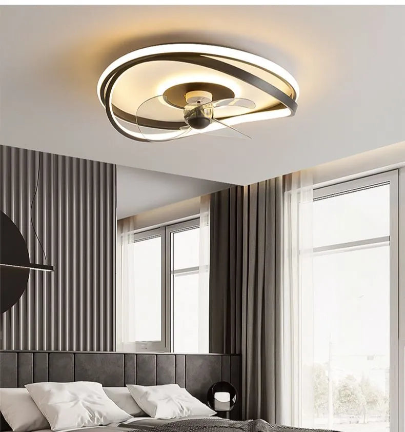 Modern black ceiling fan lamp with light, shown in annular, round, and square style options.