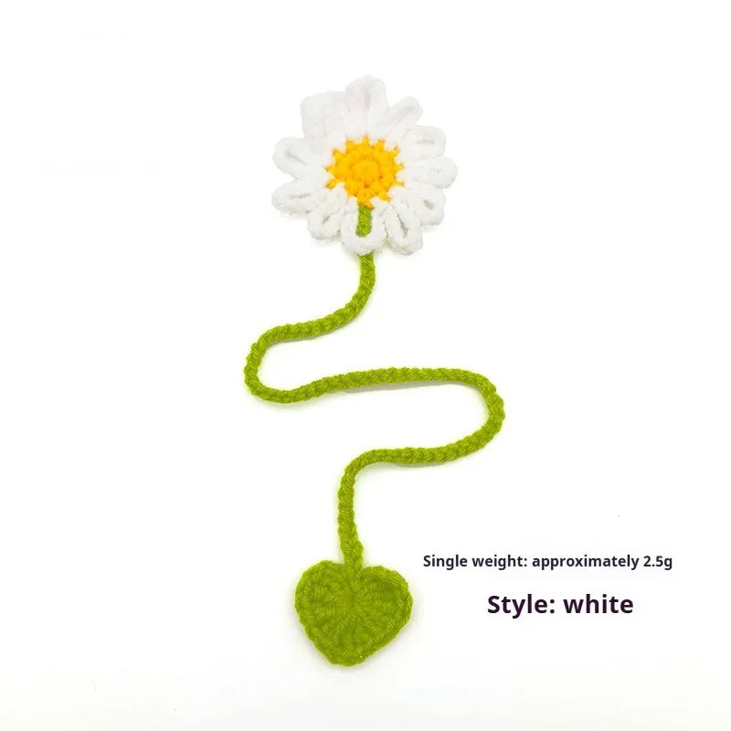 Hand-crocheted daisy bookmark with flexible wire frame in yellow colour option