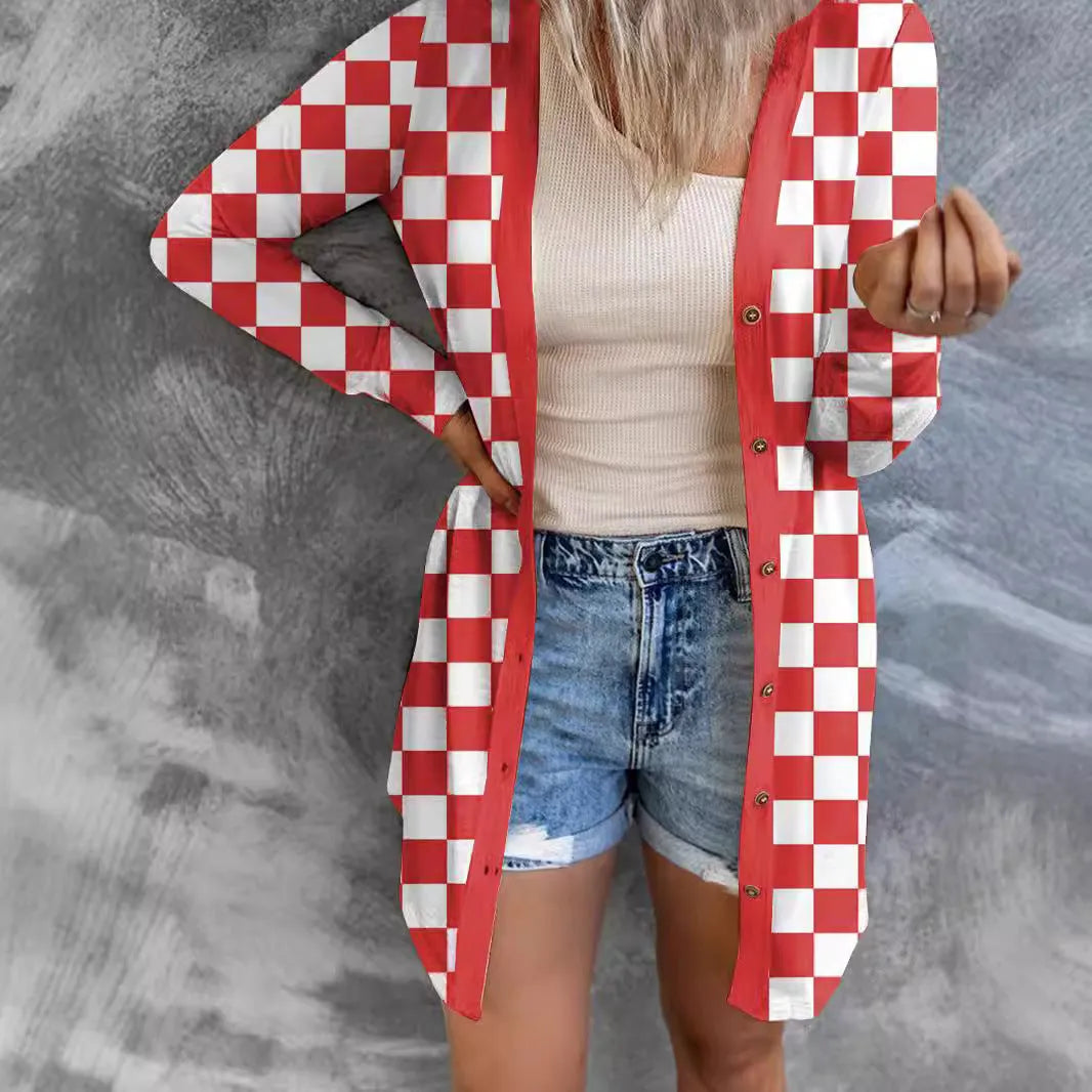Women's long grey plaid pattern loose fit knitted cardigan coat with regular sleeves
