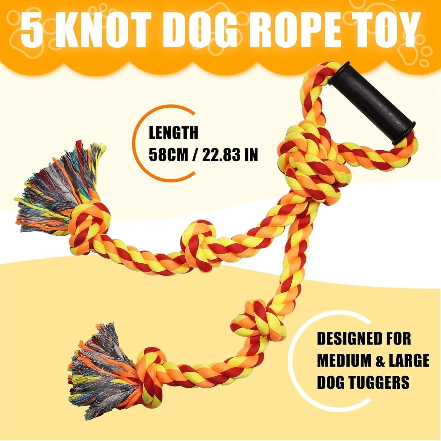 Blue and yellow woven cotton dog tug toy with ergonomic handle for large breed dogs.