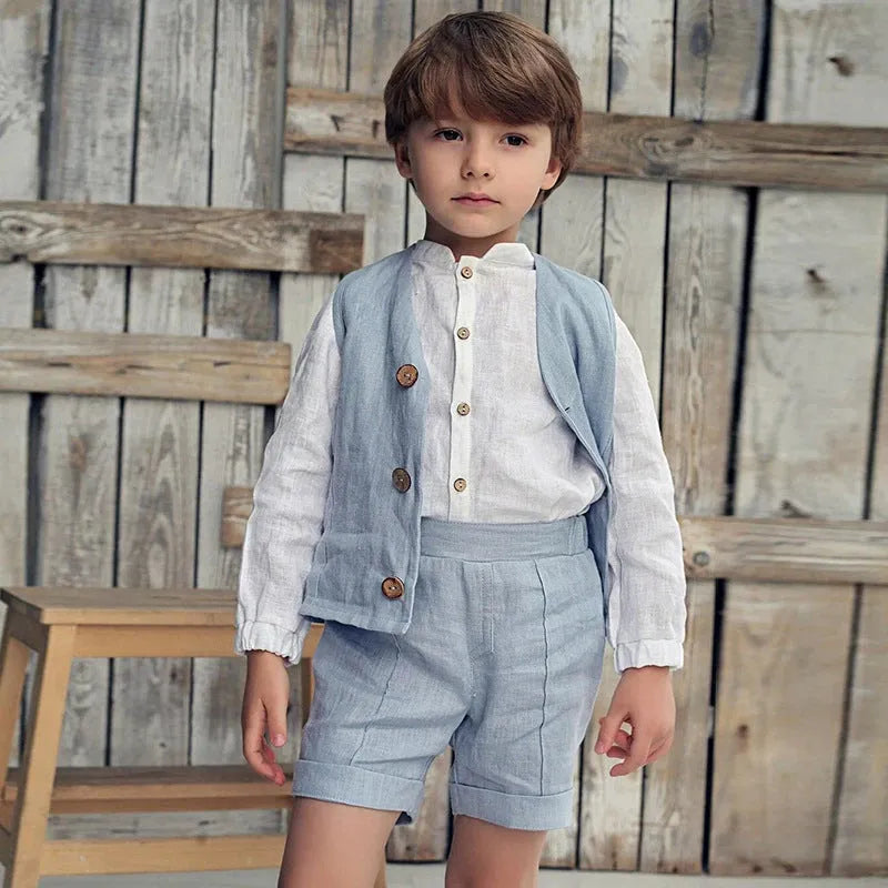Baby long sleeve top in cotton and linen, blue and white, for 90-130cm height