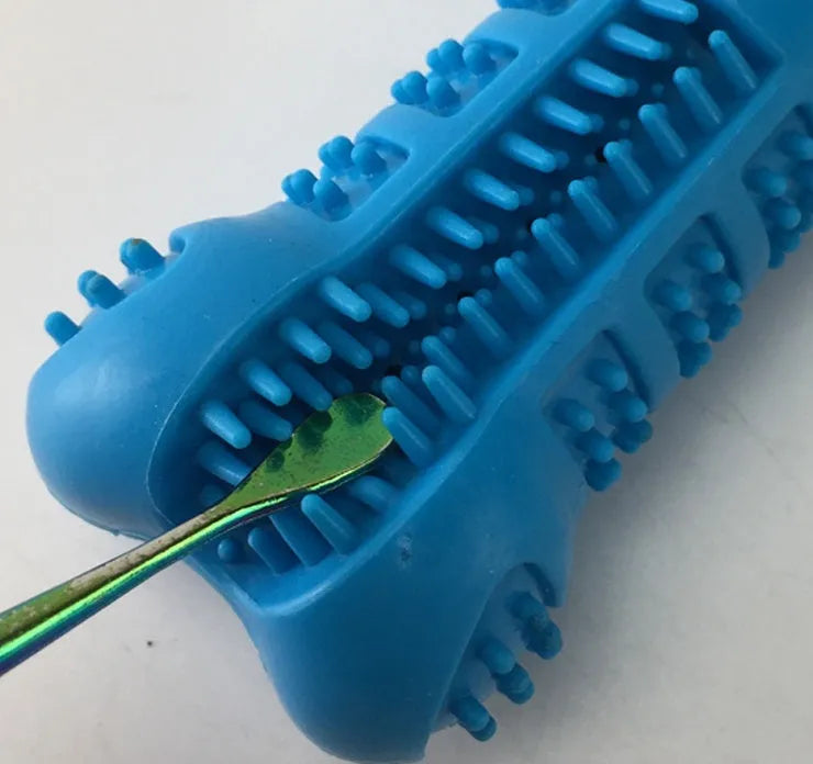 Bone-shaped silicone dog molar stick toothbrush in blue with bristles on all sides