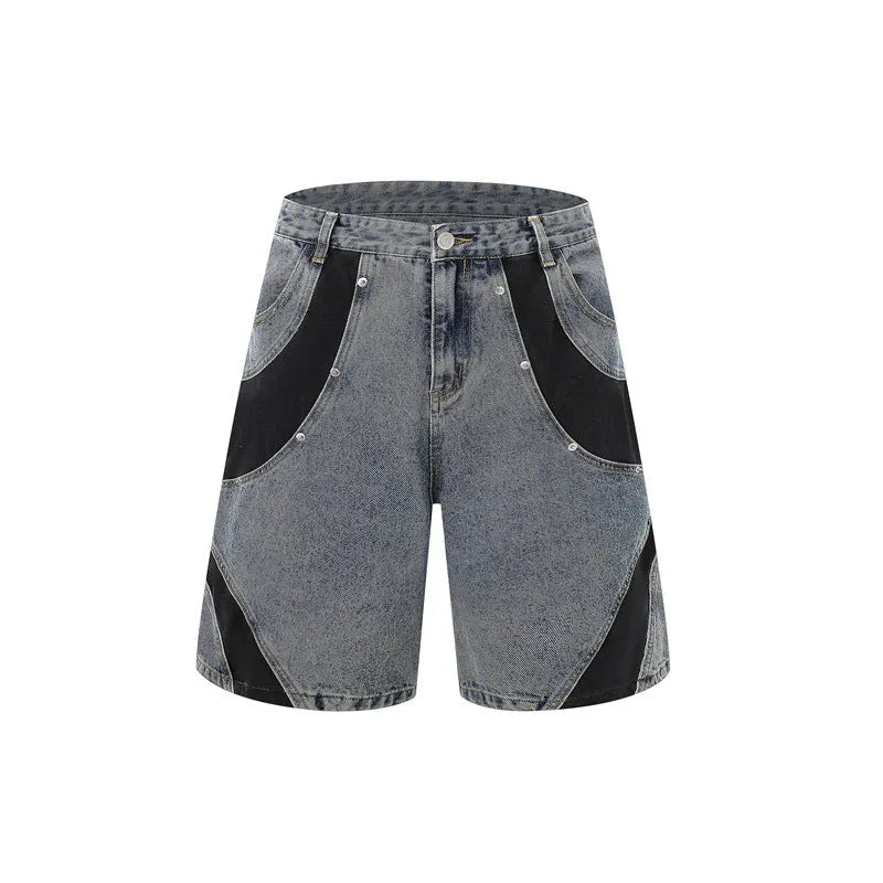 Retro washed denim suit set with short-sleeved shirt and matching trousers in black colour