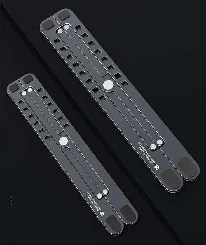 Aluminium alloy laptop stand in folded and extended positions, shown in silver colour.