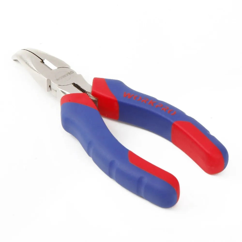Blue handled curved nose pliers with double-colour plastic sleeves for electronics and craft work.