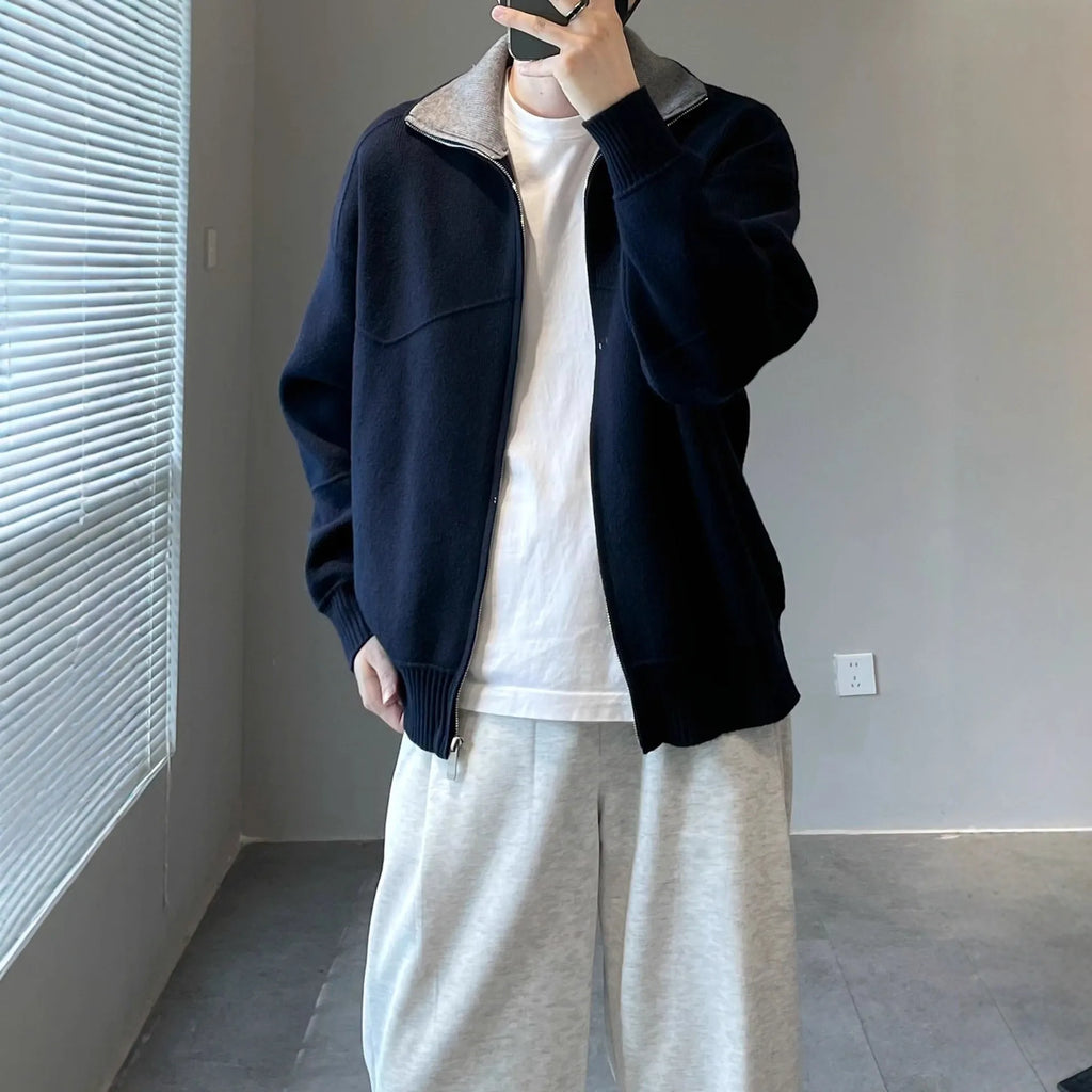 Barne Style contrast colour knitted cardigan for men, loose fit, long sleeves, apricot and navy blue, autumn wear