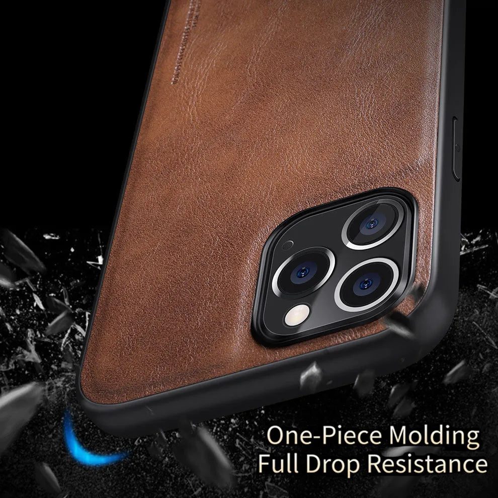Black PU leather iPhone 12 phone case with soft TPU sides on a wooden table.