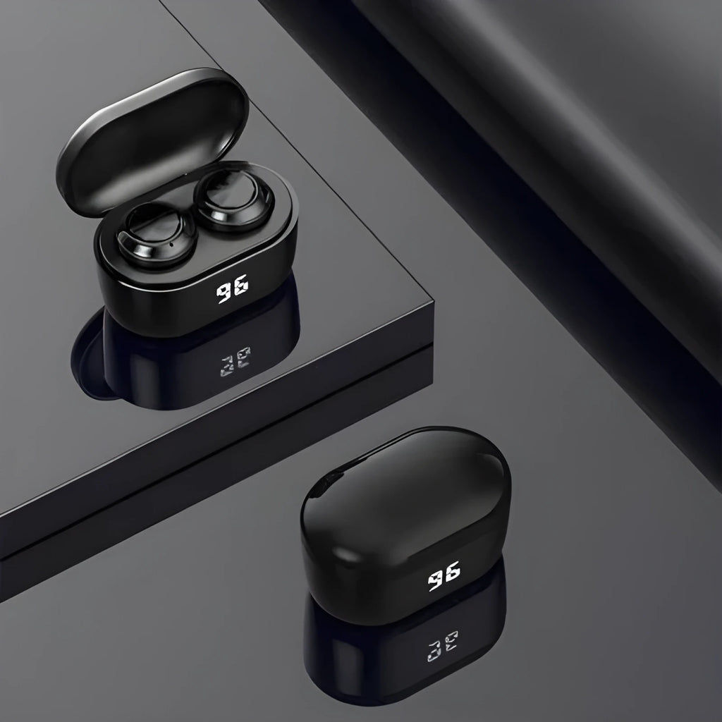 Black stereo Bluetooth headset with earplug design showing bilateral earpieces.