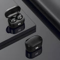 Black stereo Bluetooth headset with earplug design showing bilateral earpieces.