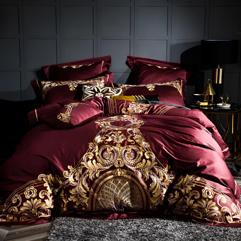 Four-piece embroidery bed set in 100% high-grade horse cotton satin weave – grey option with duvet cover and pillowcases