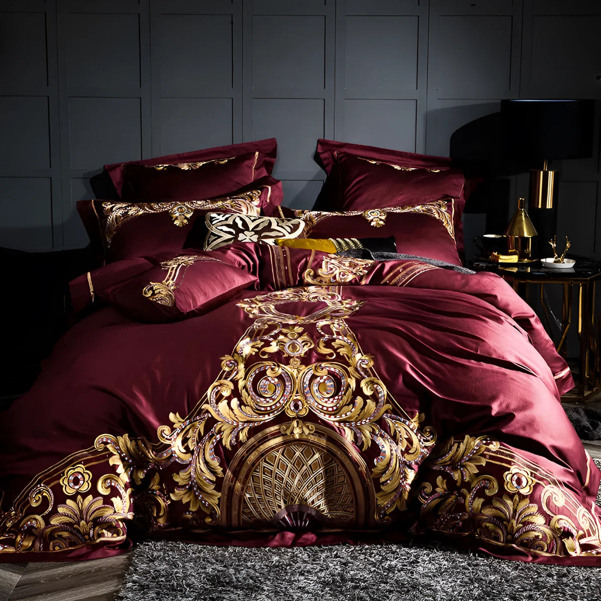 Four-piece embroidery bed set in 100% high-grade horse cotton satin weave – grey option with duvet cover and pillowcases