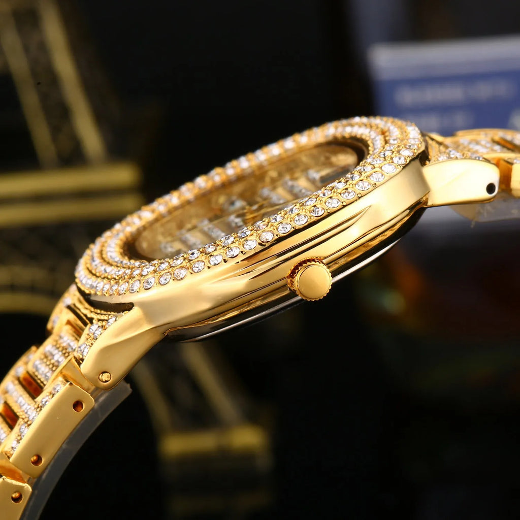 Women's fashion diamond watch with 37mm dial and alloy strap in golden finish