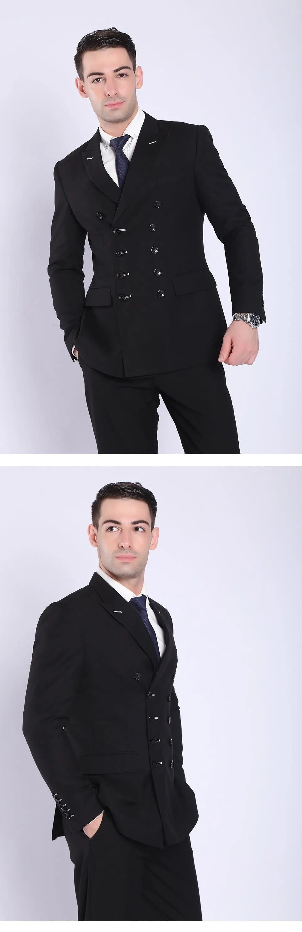 Men's professional business suit set in chemical fibre blended fabric, available in black dark grey navy blue, Asian sizes S to 4XL