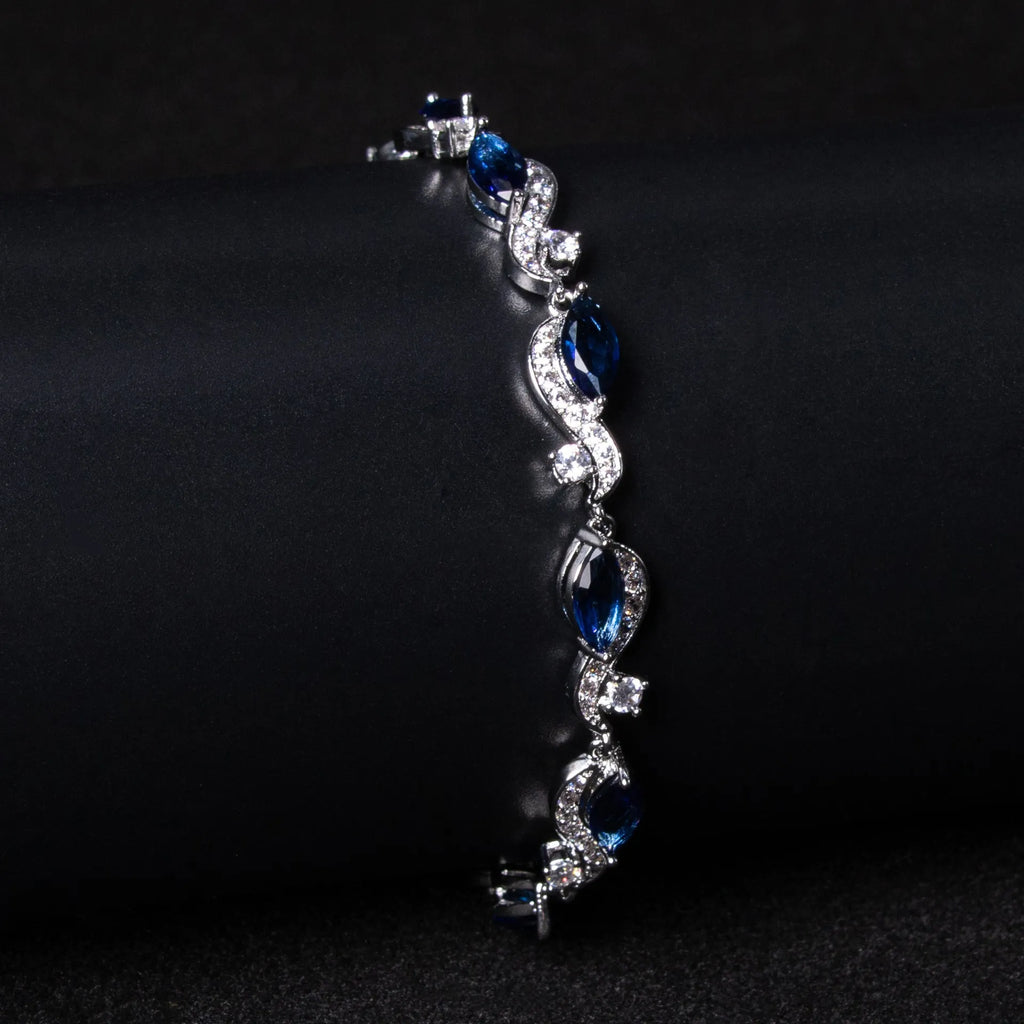 Zircon line bracelet for women, copper geometric shape, inlaid zircon, blue colour option